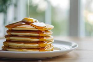 AI generated Homemade stack classic pancakes with maple syrup. Generative AI photo