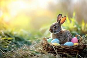 AI generated Easter bunny with a basket of eggs. Happy Easter concept. Generative AI photo