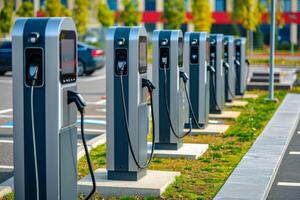 ai generado moderno rápido cargadores para cargando eléctrico vehículos a el estacionamiento. generativo ai foto