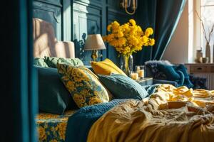 AI generated Modern elegant bedroom in nordic style. Bedding and furnishings in deep colors and flowers in vases. Generative AI photo