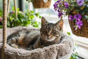 AI generated Cat in pet bed near a sunny window with hanging baskets of spring flowers. Generative AI photo
