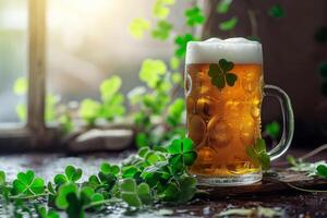 AI generated St. Patrick's Day background with a refreshing cold beer and clovers. Generative AI photo