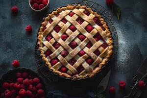 AI generated Homemade raspberry pie with fresh raspberries and jam. Generative AI photo