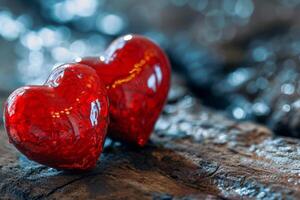 ai generado dos rojo corazones en rústico antecedentes. San Valentín día concepto. generativo ai foto