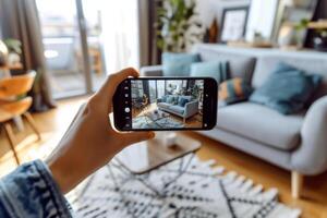 AI generated Hands hold smartphone with augmented reality interior design software to choose furniture. Generative AI photo