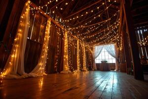 AI generated Indoor barn wedding with string lighting to celebrate marriage in a rustic setting. Generative AI photo