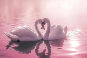 AI generated Beautiful white swans in heart shape on water on pink background. Generative AI photo