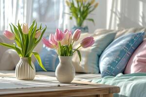 AI generated Living room with pastel colored pillows and fresh tulips on the table. Spring decor concept. Generative AI photo