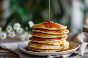 AI generated Homemade stack classic pancakes with maple syrup. Generative AI photo