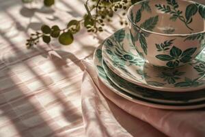 AI generated Home spring decor. Set of pink and green patterned tableware. Generative AI photo