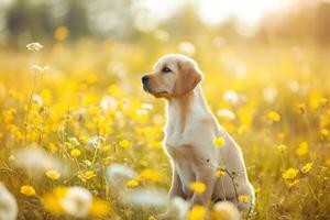 AI generated Cute puppy sitting in summer flower field. Generative AI photo
