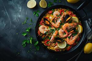 ai generado tradicional Español Mariscos paella con arroz, mejillones, camarones en un cacerola. generativo ai foto