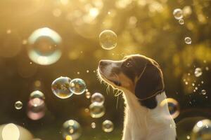 AI generated Dog with soap bubbles in summer outdoor. Generative AI photo