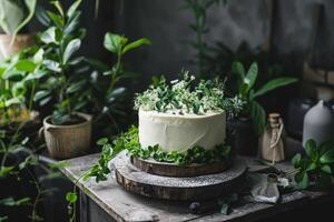 AI generated White elegant cake decorated with greenery and flowers. Generative AI photo