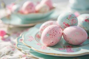 AI generated Decorated pastel colored Easter eggs on vintage plate. Generative AI photo