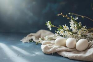 ai generado elegante Pascua de Resurrección bandera. pastel composición para el día festivo. huevos en natural colores en azul antecedentes. generativo ai foto