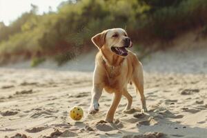 AI generated Dog playing with a toy on the sand beach. Pet, summer and sand background. Generative AI photo