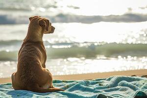AI generated Dog sits on the towel on sandy beach and looks at blue sea. Generative AI photo