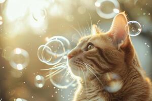 AI generated Cat surrounded by soap bubbles. Kitten playing with soap bubbles. Generative AI photo