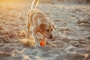 AI generated Dog playing with a toy on the sand beach. Pet, summer and sand background. Generative AI photo