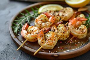 AI generated Grilled shrimps or prawns served with lemon and garlic. Seafood. Generative AI photo