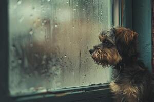 AI generated Dog waiting near the window for its owner in a rainy day. Generative AI photo