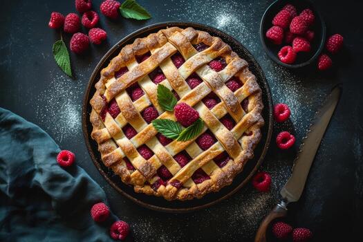 AI generated Homemade raspberry pie with fresh raspberries and jam. Generative AI photo