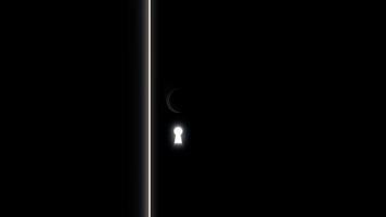 Abstract animation of door in the dark room and keyhole with shining light rays. Animation. Keyhole without key sticking in it video