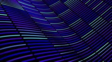 3D abstract curved background with moving neon lines. Animation. Looped background with wave stream of short neon lines on black background video