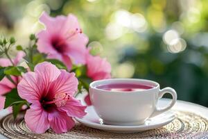 AI generated Hot hibiscus cup of tea with flowers in the background. Breakfast picnic table setup. Generative AI photo