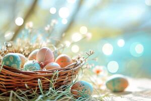 AI generated Banner with easter decorations in pastel colors. Easter basket and eggs, sparkling bokeh. Generative AI photo