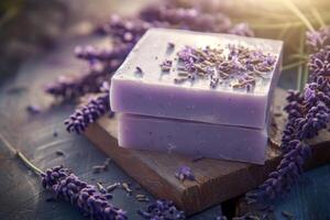 AI generated Natural soap with lavender extract. Handmade soap with lavender flowers. Generative AI photo