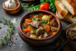 AI generated Beef meat and vegetables stew in ceramic bowl. Generative AI photo