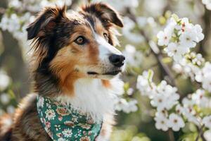 ai generado perro vistiendo un pañuelo en primavera jardín. generativo ai foto