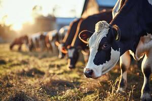 AI generated Group of cows at cowshed eating hay or fodder on dairy farm. Concept of farming business and taking care of livestock. Generative AI photo