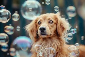 AI generated Dog with soap bubbles in summer outdoor. Generative AI photo