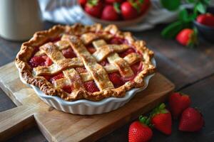 AI generated Homemade strawberry pie with fresh strawberries on sunny background. Generative AI photo