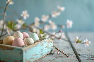 AI generated Easter background in pastel colors. Crate with eggs and spring blossom branches. Generative AI photo