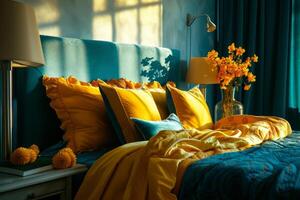 ai generado moderno dormitorio con elegante lecho en amarillo y azul colores. habitación arreglado con lamparas y flores en jarrones generativo ai foto