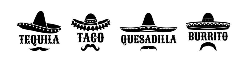Mexican sombrero hats with taco, tequila, burrito vector