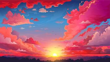 Red sky sunset anime background with fluffy clouds vector