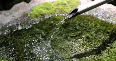 een Japans bamboe water fontein shishi-odoshi in zen tuin dichtbij omhoog video