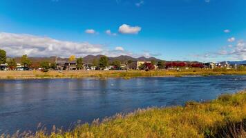 A timelapse of cloud near Katsuragawa river in Kyoto wide shot tilt video