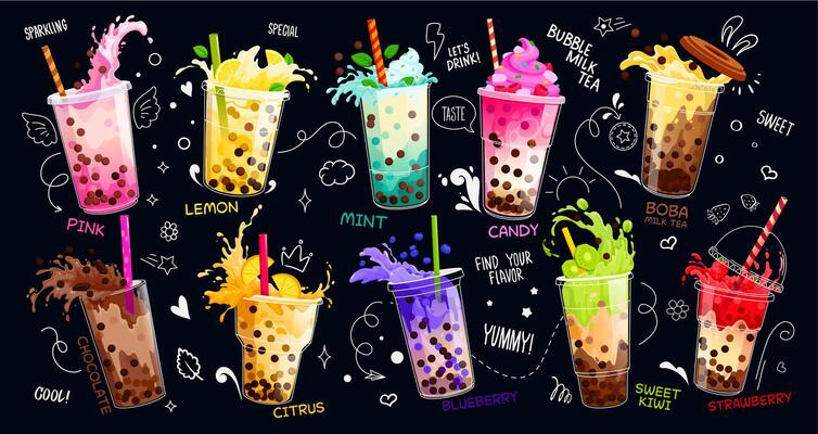 Cartoon milk bubble tea with splash, drinks menu