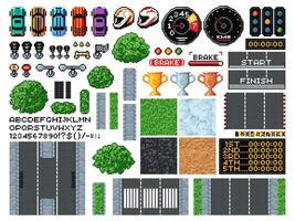 8 bit pixel art race game, top view racing tracks vector