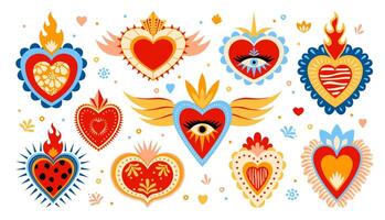 Mexican sacred hearts whimsical cartoon vector set