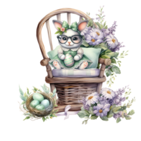 påsk kanin i en korg med blommor och ägg, vattenfärg illustration png