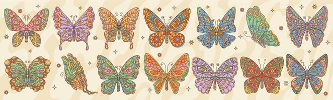 Retro groovy hippie butterfly insects vector set