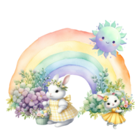 acuarela ilustración de un conejito y un arco iris png
