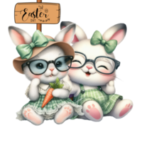 two cute rabbits holding carrots and a sign that says happy easter png